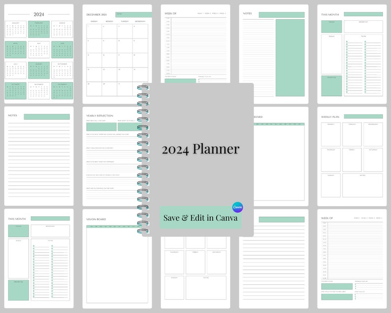 2024 Planner, 2024 Digital Calendar, 2024 Calendar, 2024 Canva Template