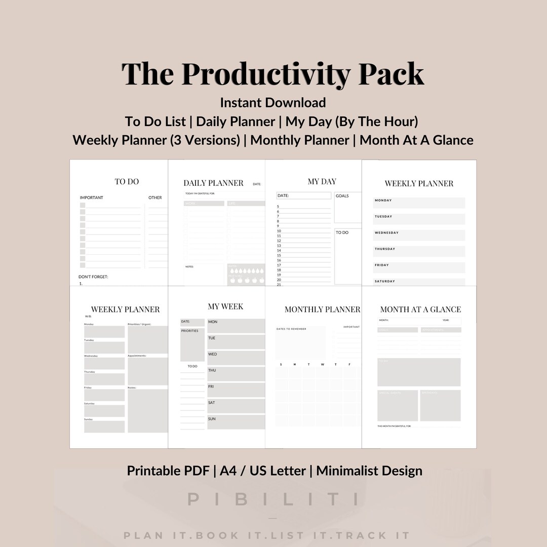 Productivity Printable Pack - Minimalist Design - to Do List + Hourly ...