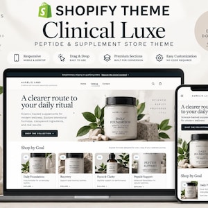 Puede incluir: Un tema de sitio web de Shopify titulado Clinical Luxe que se muestra en la pantalla de una computadora portátil y un teléfono inteligente. La interfaz presenta un diseño limpio con categorías de productos, imágenes de suplementos y texto.
