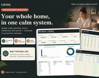 LifeHQ Home Management Spreadsheet | Budget, Meal, Chore Tracker (Excel/Google Sheets)