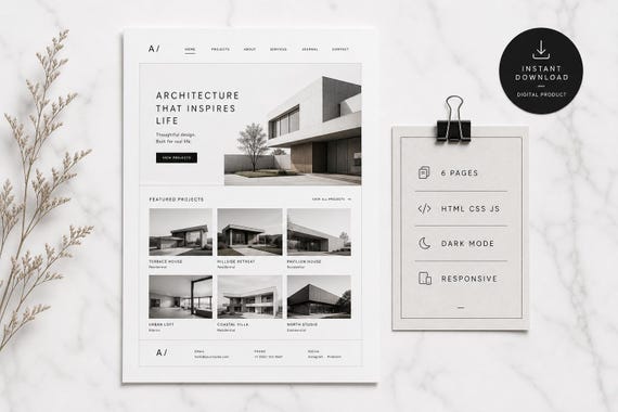 Minimal Architecture Portfolio Website Template, HTML CSS JS (Digital Download)