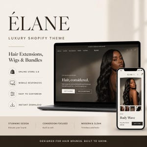 May include: A digital display of the ÉLANE luxury Shopify theme for hair extensions, wigs, and bundles. The screen shows a website interface with a model featuring long dark hair, mobile responsive design, and e-commerce product pages.