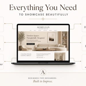 May include: A laptop screen displaying an interior design website template titled Aurelian Interior Design. The graphic highlights features including 6 pages, mobile responsiveness, a before and after slider, dark mode toggle, portfolio filter, and FAQ accordion.
