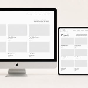 K&ouml;nnte beinhalten: Ein Desktop-Computer, ein Tablet und ein Smartphone, die die Website von Aurea Architecture Studio anzeigen. Die Bildschirme zeigen eine Projektseite mit einem Raster aus grauen Platzhalter-Rechtecken, Projekttiteln und Men&uuml;s.