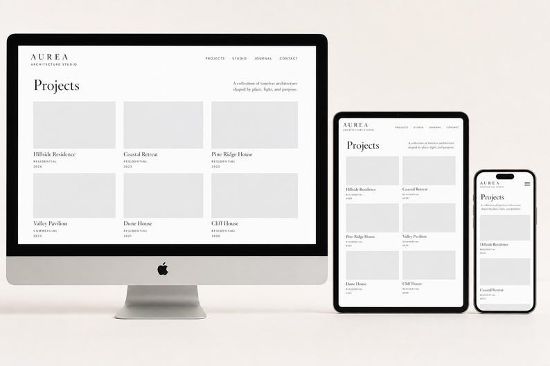 K&ouml;nnte beinhalten: Ein Desktop-Computer, ein Tablet und ein Smartphone, die die Website von Aurea Architecture Studio anzeigen. Die Bildschirme zeigen eine Projektseite mit einem Raster aus grauen Platzhalter-Rechtecken, Projekttiteln und Men&uuml;s.