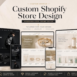 以下が含まれることがあります： デスクトップおよびモバイル画面上の3つの異なるShopifyストアデザインを示すデジタルディスプレイ。レイアウトには「Custom Shopify Store Design」、「Noire」、「Lumiere」、「Purelune」などのテキストが含まれ、ファッション、ジュエリー、スキンケア製品が紹介されています。