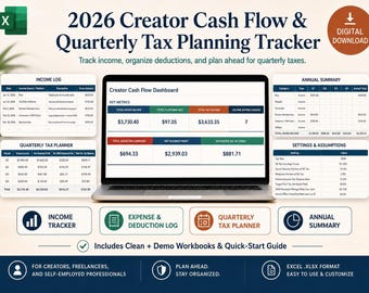 2026 Creator Tax Planning Spreadsheet for Excel | Income, Expenses, Deductions & Quarterly Tax Tracker