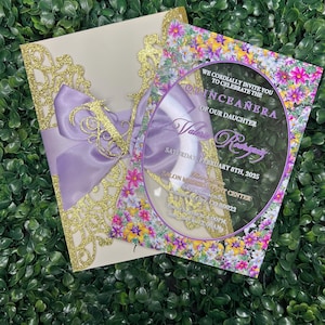 Gold Glitter with Acrylic Quinceanera Invitation, Lilac Ribbon Invitation, Quinceanera Invitation Invite, Laser Cut