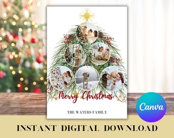 Christmas Card Template, Christmas Tree Photo Collage Christmas Card, Photo Holiday Card Template, Christmas Photo Card Download