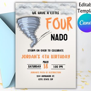 Fournado Birthday Invite Template, Four-nado Birthday Invite Template, Unisex Fournado birthday theme, editable fourth birthday template