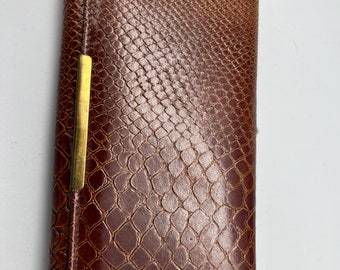 Vintage élégant cuir véritable inutilisé couleur cognac avec portefeuille à loquet couleur or
