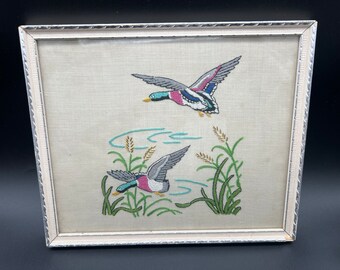 Vintage Needlepoint Framed Art of two Ducks in Flight