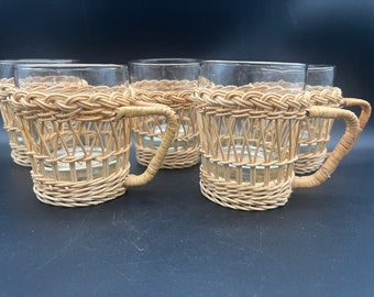 Set of 5 Libbey Wicker Rattan Glass Cups for Coffee or Tea