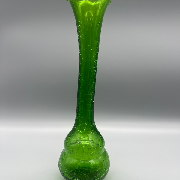 Vintage Green Crackle Glass Bud Vase with Scalloped Edges
