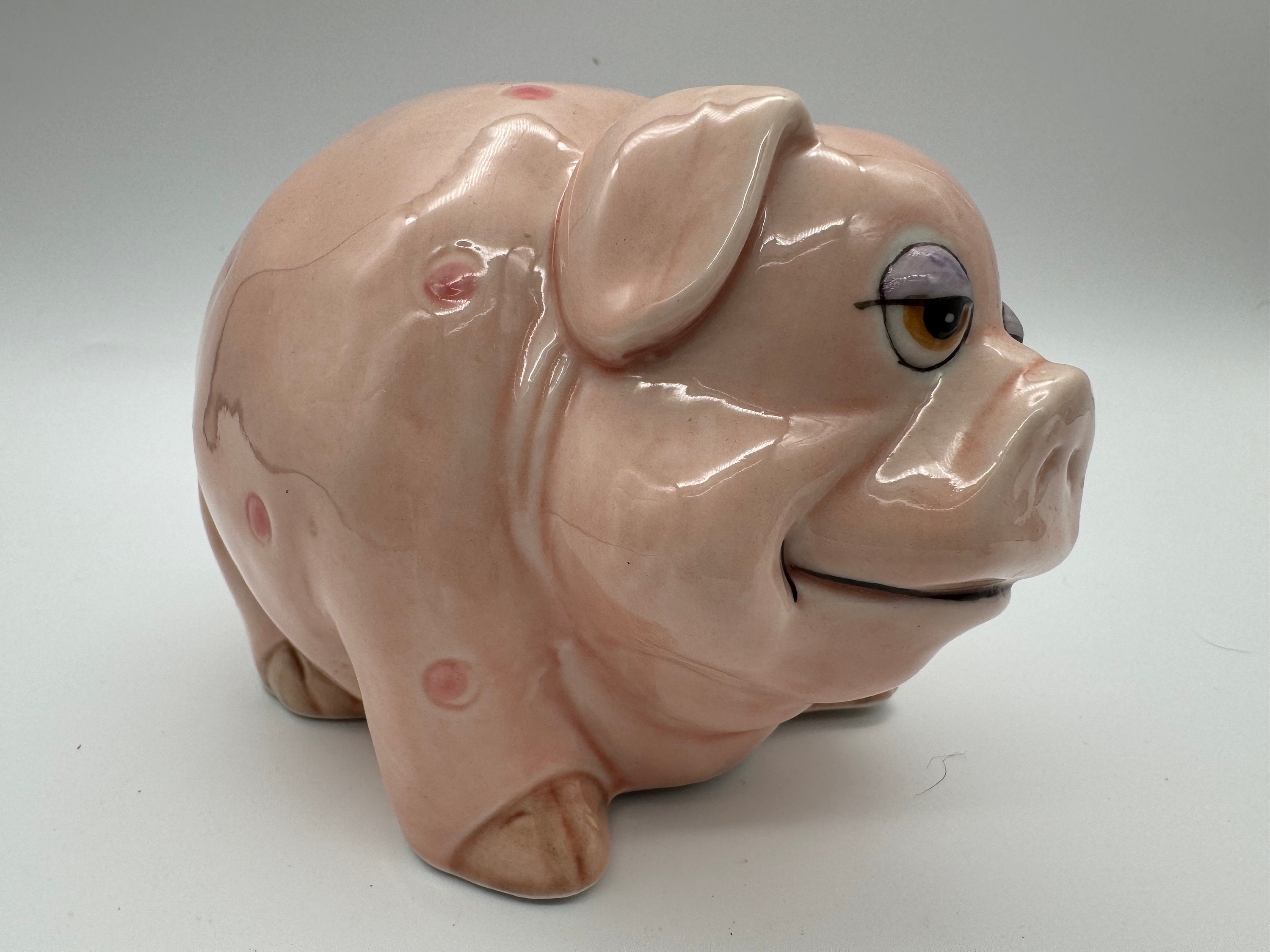 ヴィンテージのかわいい陶器製ピンクのブタ貯金箱（手描き） - Etsy 日本