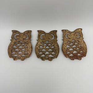 Könnte beinhalten: Drei bronze farbene, eulenformige Dekorationsartikel. Jede Eule hat ein detailliertes filigranes Design mit großen, runden Augen und einer strukturierten Oberfläche. Die Eulen sind in einer horizontalen Reihe vor einem weißen Hintergrund angeordnet.