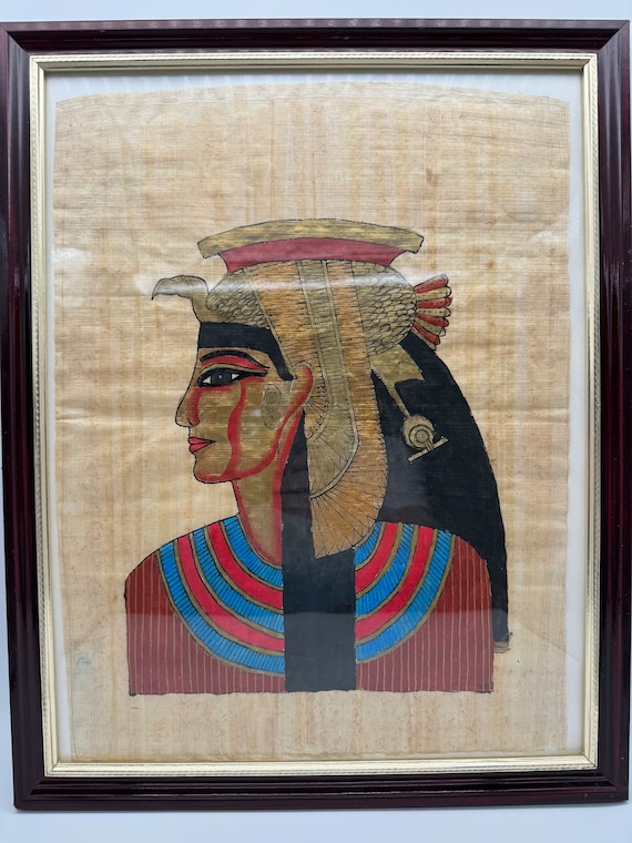 ヴィンテージエジプトパピルスクレオパトラ絵画手描き美しい額入り 