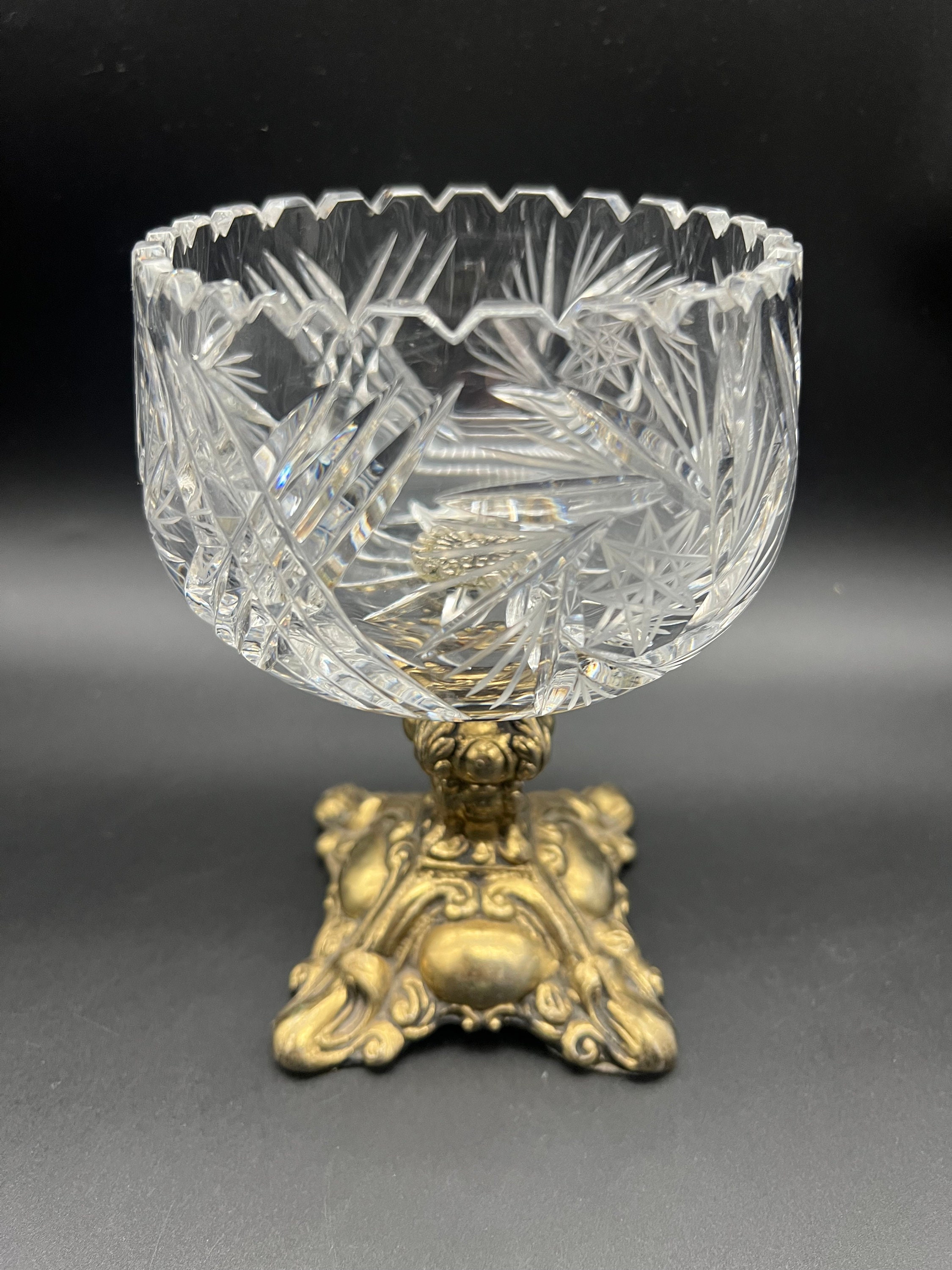 Vintage Crystal Cast Iron Brass Color Stemmed Compote Bowl Etsy