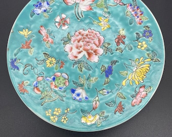 お花柄アンティークプレート ヴィンテージ中国 9 インチ プレート 千花、手描きの花の