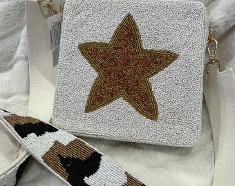 Gold Star White seed beaded Square bag with removable Strap, Christmas Gift Bag, Star Purse, Gold Star Bag, Crossbody Star Bag, Box Bag