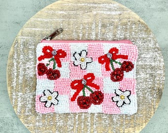 Pink Cherry and Flower bag, Cherry Seed Beaded Pouch, Mini Card Holder, Gift Card Holder, Cherry Print Bag, Girly Pouch, Cherry Coin Purse