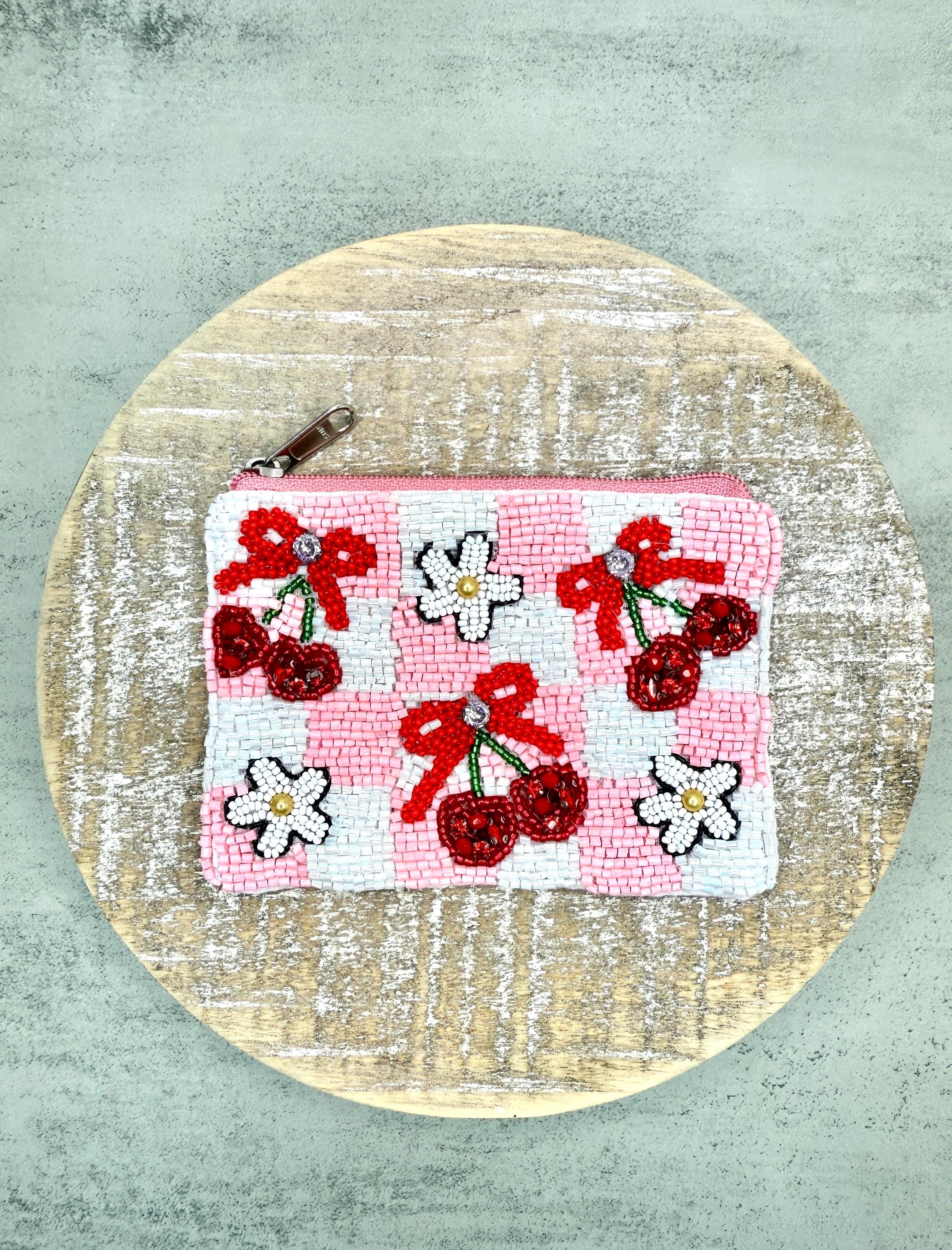 Pink Cherry and Flower bag, Cherry Seed Beaded Pouch, Mini Card Holder, Gift Card Holder, Cherry Print Bag, Girly Pouch, Cherry Coin Purse