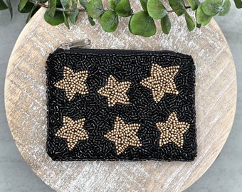 Gold Star Mini Pouch, Seed Beaded Pouch With Stars, Mini Star Bag, Mini Purse with Zipper, Mini Black Bag, Star Coin Purse, Purse Organizer