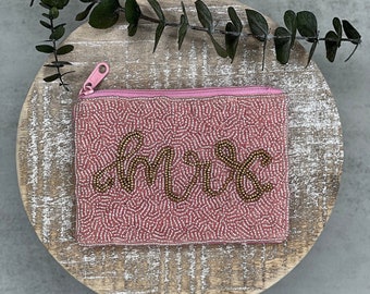Pink Mrs. Seed Beaded Pouch with Zipper, Bride Pouch, Bride Mini bag