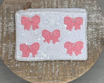 Pink Bow Coin Purse, White Coin Purse with Bows, Sequin coin purse, Card Holder