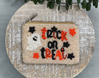 Halloween Ghost Mini Pouch, Seed Bead, Trick or Treat Bag, Mini Purse Essentials, Cute Halloween Pouch, Cute Halloween Bag, Mini Makeup Bag