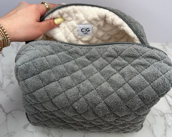 Large Gray Makeup Bag, Large Toiletry Bag, Washable Makeup Bag, Terry Cloth Makeup Bag, Travel Bag, Carryall Bag, Aesthetic Cosmetic Bag,