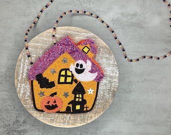 Cute Haunted House Halloween Beaded Bag, Halloween Bag, Kids Halloween Bag, Halloween Purse, Halloween Gifts, Mini Purse, Crossbody Bag,