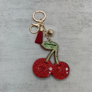 Rhinestone Cherry Keychain, Fruit keychain, Red Cherries, Cute Keychain, Fruit Keychain, Cherry Bag Charm, Red Keychain, Backpack Charm
