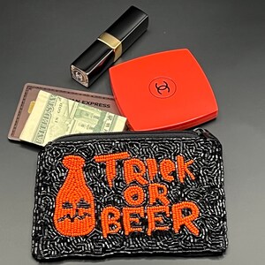 Halloween Seed Beafed Black Trick or Beer Coin Purse, Mini Purse, Seed bead pouch