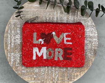 Red Love More Seed Beaded Coin Purse, Red Pouch, Cute Wallet, Beaded Pouch, Gift Card/ Cash Holder, Red Coin Purse, Cute Purse Essentials