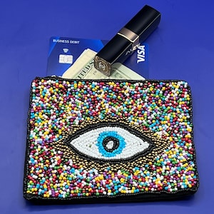 Monedero de cuentas de semillas con confeti de ojos malvados, bolsa con cremallera, minimonedero, tarjetero, amuleto de la suerte