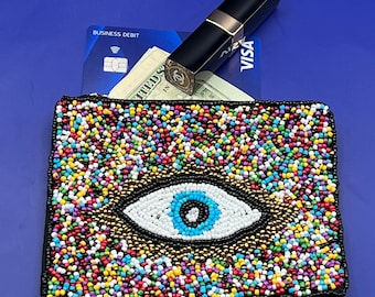 Monedero de cuentas de semillas con confeti de ojos malvados, bolsa con cremallera, minimonedero, tarjetero, amuleto de la suerte