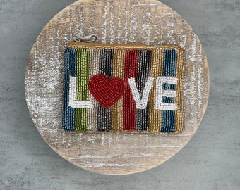 Love Striped Seed Beaded Pouch, Mini Heart Pouch, Card Holder, Mini Bag, Purse Essentials, Rainbow Pouch, Mini Heart Bag, small pouch