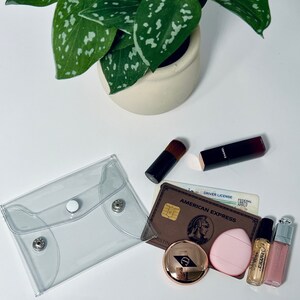 Puede incluir: Una cartera de pl&aacute;stico transparente con cierres de bot&oacute;n a presi&oacute;n, un pincel de maquillaje, un l&aacute;piz labial, un estuche compacto, una esponja de maquillaje, una tarjeta de cr&eacute;dito, un permiso de conducir y dos peque&ntilde;os frascos de maquillaje. Una peque&ntilde;a planta en maceta est&aacute; en el fondo.