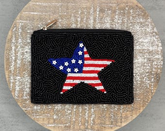 Black American Flag Seed Bead Bag, Star Pouch, Coin Purse with Zipper, Gift Card Holder, USA Pouch, Card Holder, Flag Purse, USA Star Flag