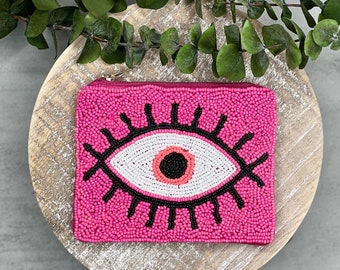 Pink Evil Eye, Seed Beaded Pouch, Gift Card Holder, Mini Pouch, Mini zippered Bag, Coin Purse Small Wallet, Good Luck Charm, Mini Makeup Bag