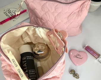 Large Pink Puffy Makeup Bag, Heart Print Makeup Bag, Everyday Makeup Bag, Pink Makeup Bag, Cute Makeup Bag, Toiletry Bag, Quilted Makeup Bag