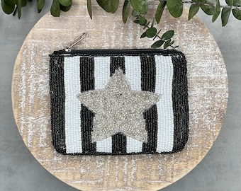 Black and White Striped Coin Purse with Silver Star, Seed Beaded Pouch with Zipper, Card Holder, Cute Pouch, Seed Bead Coin Purse Star Bag