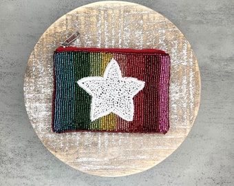 Star Rainbow Striped Seed Beaded Bag, Mini Star Pouch, Card Holder, Mini Bag, Purse Essentials, Star Bag, Mini Bag, Small Wallet, Coin Purse