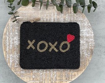XOXO Black Pouch, Seed Beaded Coin Purse, Mini Black Bag, Black Card Holder, Mini Makeup Pouch, Girly Card Holder, Valentine’s Day Gift