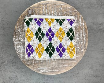 Multi Colored Seed Beaded Mini Bag, Mini Pouch with Zipper, Purple, Green and Yellow Bag Mini Coin Purse