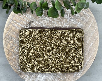 Gold Star pouch, Seed Beaded Coin Purse, Gold Mini Pouch with Zipper, Purse Essentials, Star Pouch, Gold Card Holder, Handmade Pouch