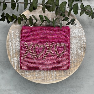 Pink Beaded XOXO Mini Pouch, Beaded Coin Purse, Cute Pink Mini Pouch, Mini Makeup Pouch, Card Holder, Purse Essentials