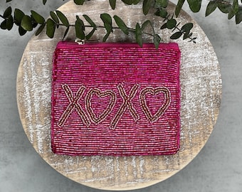 Pink Beaded XOXO Mini Pouch, Beaded Coin Purse, Cute Pink Mini Pouch, Mini Makeup Pouch, Card Holder, Purse Essentials