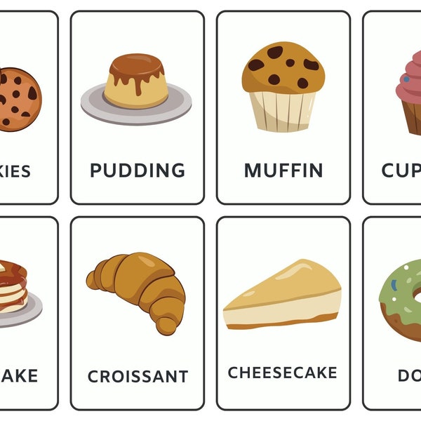 Bakery Products Flash Cards, 16 Most Popular Bakery Products, Flash Cards Printable